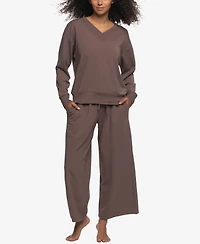 Felina Women's Regular Kimora French Terry V-Neck Sweatshirt with Wide Leg Pants