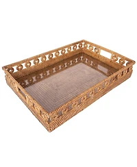 Artifacts Rattan Inna Design Rectangular Tray with Cutout Handles & Glass Insert
