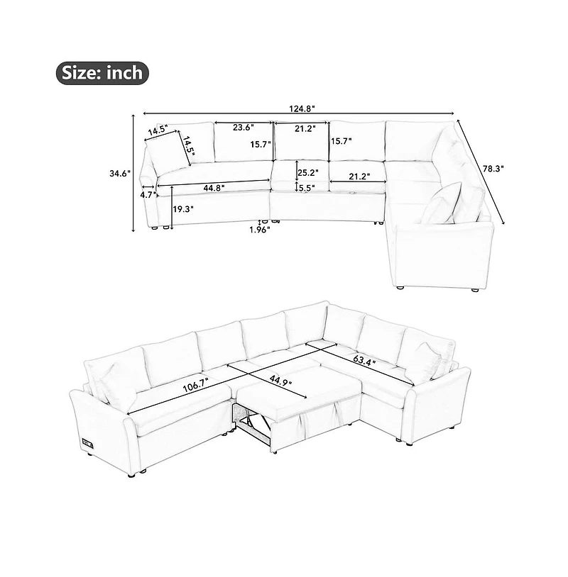 124.8” L-Shaped Pull Out Sleeper Sofa Bed with Usb Ports & Power Outlets, Convertible Sectional Couch for Living Room-Maison Boucle