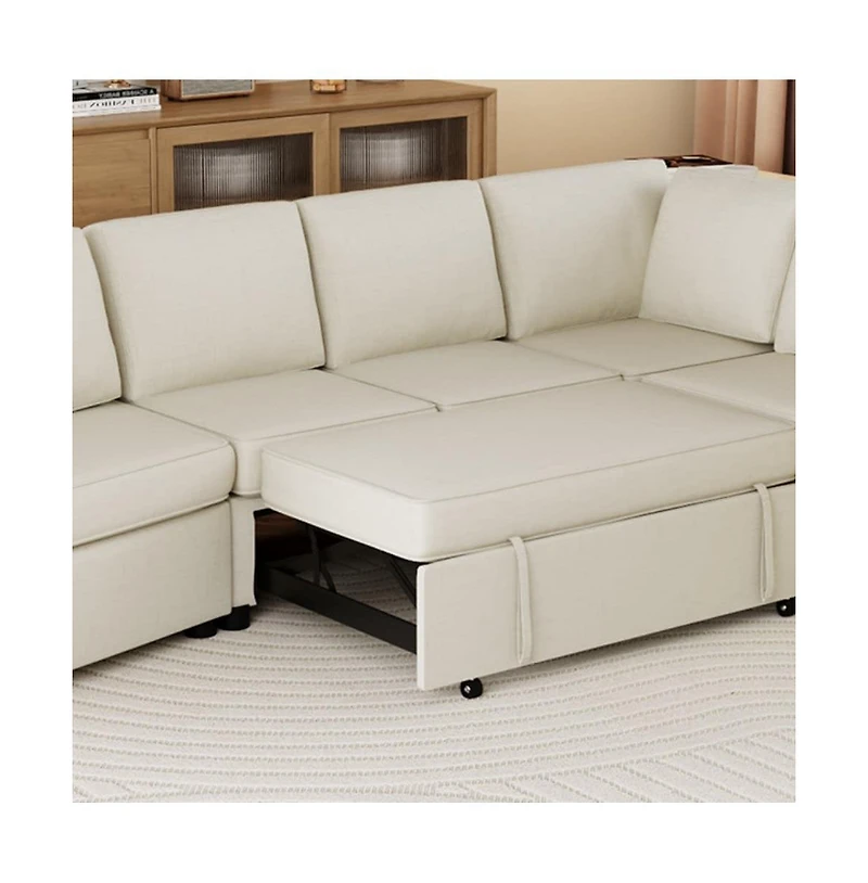 124.8” L-Shaped Pull Out Sleeper Sofa Bed with Usb Ports & Power Outlets, Convertible Sectional Couch for Living Room-Maison Boucle