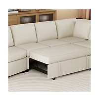 124.8” L-Shaped Pull Out Sleeper Sofa Bed with Usb Ports & Power Outlets, Convertible Sectional Couch for Living Room-Maison Boucle