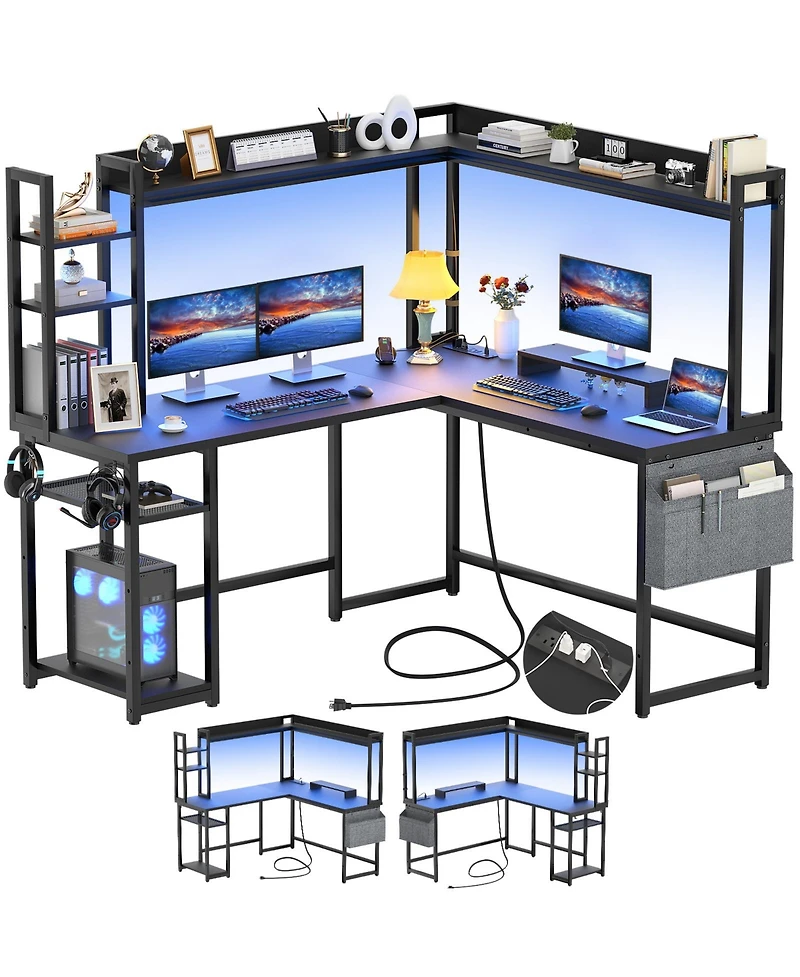 Aheaplus L-Shaped Desk with Hutch & Power Outlet, Corner Computer Led Lights