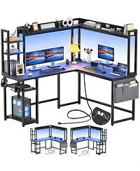 Aheaplus L-Shaped Desk with Hutch & Power Outlet, Corner Computer Led Lights