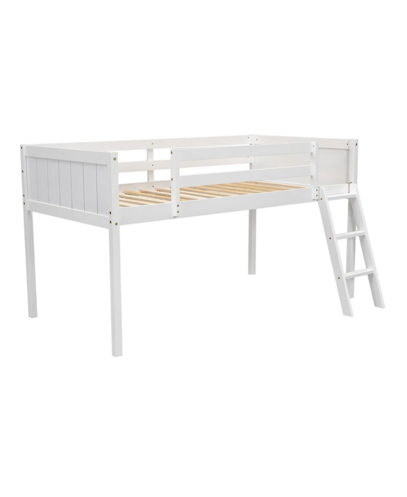 Twin Wood Low Loft Bed with Ladder, ladder can be placed on the left or right