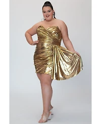 Sydney's Closet Women's Metallic Gold Strapless Short Party Dress with Drape Flyaway