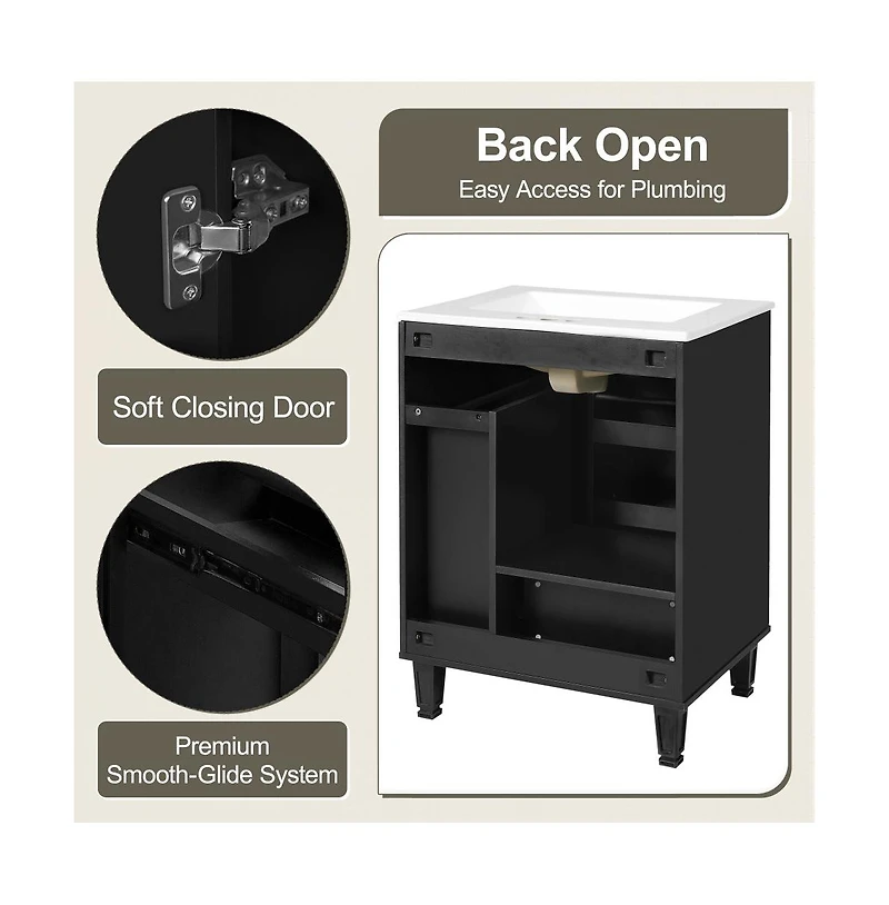 Chic Crate-24" Modern Bathroom Vanity Sink & Deep Drawer | 2-Tier Pull-Out Basket Solid Wood Frame White