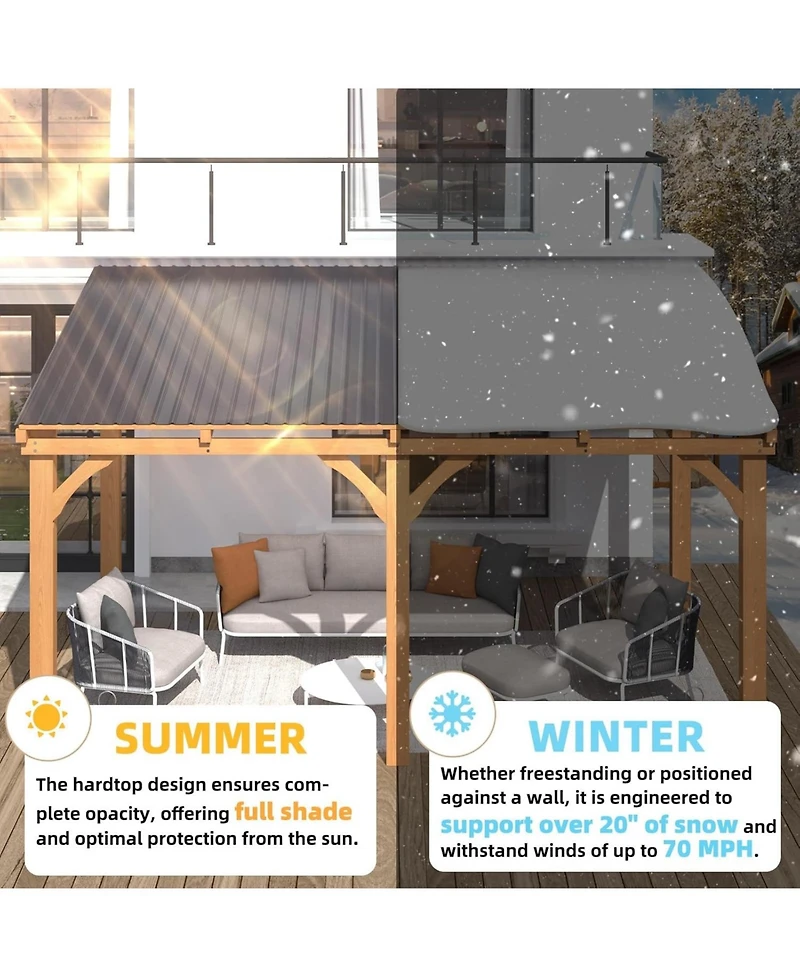 Aecojoy 14' x 10' Outdoor Wooden Gazebo, Patio Lean to Hardtop Pergolas and Gazebos
