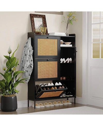 Shoe Cabinet with 3 Flip Drawers, Rattan Freestanding Organizer Adjustable Shelves,for Entryway Hallway, Easy Assembly