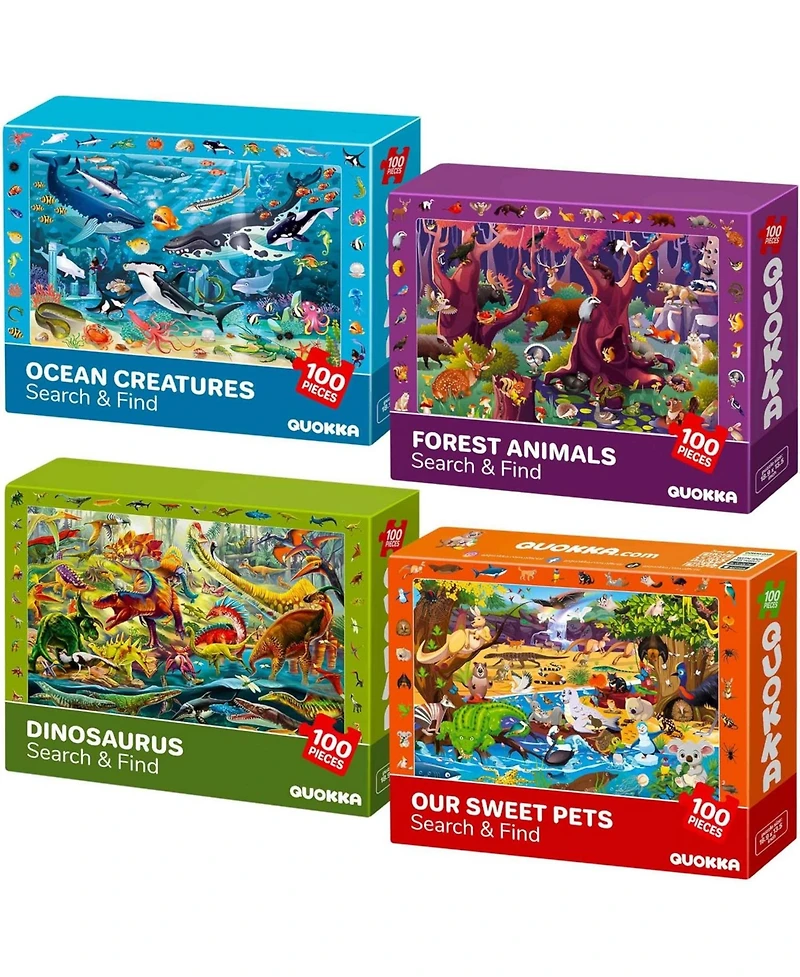 Quokka 4xSET 100 Piece Puzzles for Kids Ages 4-6 – Search and Find Artist-Crafted Illustrations