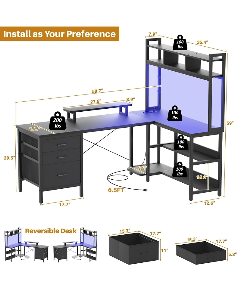 Aheaplus 59'' W L-Shaped Computer Desk with Tall Hutch,Corner