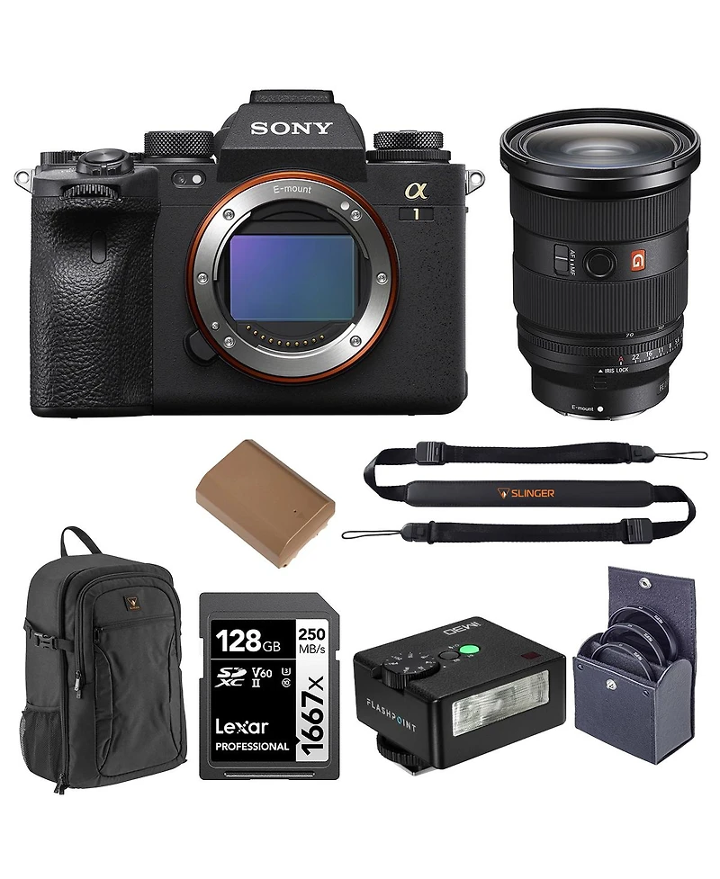 Sony Alpha 1 Mirrorless Camera with Fe 24-70mm f/2.8 Gm Ii Lens, Bundle with Slinger Alpine 200 Backpack, 128GB Memory Card, Extra Battery and 72mm