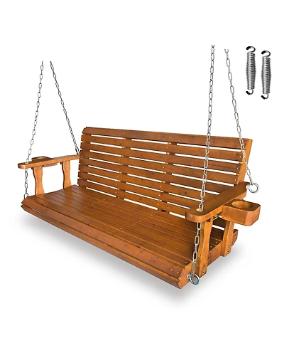 Mega Casa Wooden Porch Swing 3-Seater, High Backrest and Deep Seat, Bench with Cupholders, for Outdoor Patio Garden (Cedar Tone, 5 Ft Extra Larg