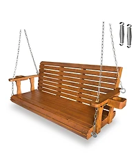 Mega Casa Wooden Porch Swing 3-Seater, High Backrest and Deep Seat, Bench Swing with Cupholders, for Outdoor Patio Garden (Cedar Tone, 5 Ft Extra Larg