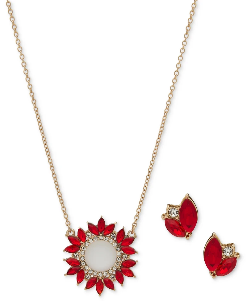 Anne Klein Silver-Tone Pave & Stone Pendant Necklace Stud Earrings Set