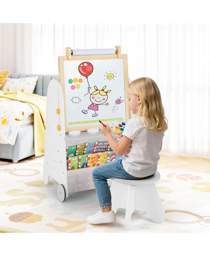 4-in-1 Kids Art Easel with Stool Magnetic Whiteboard Chalkboard & Paper Roll