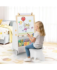 4-in-1 Kids Art Easel with Stool Magnetic Whiteboard Chalkboard & Paper Roll