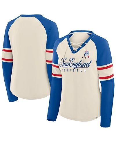 Fanatics Women's Cream/Royal New England Patriots Hometown Gridiron Hero Raglan Lace-Up V-Neck Long Sleeve T-Shirt
