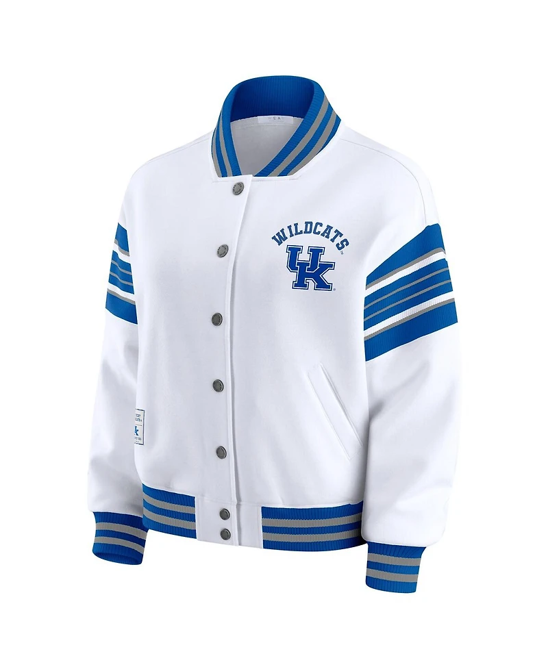 Wear by Erin Andrews Women's White/Royal Kentucky Wildcats Satin Stitch Full-Snap Fleece Sweatshirt Jacket