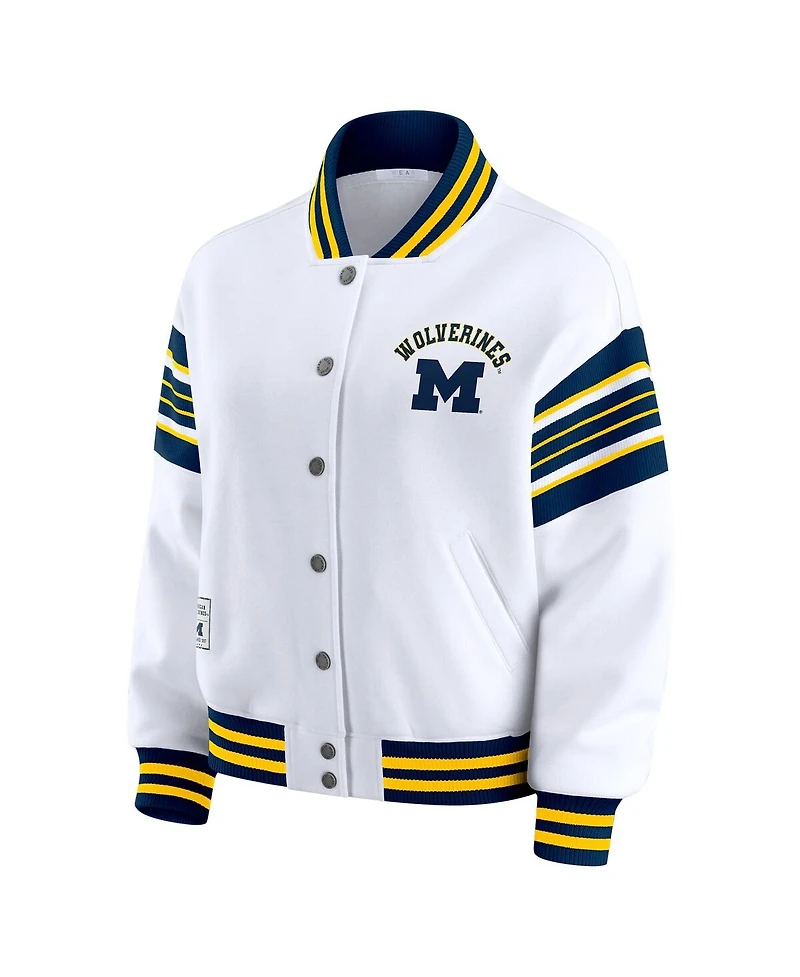 Wear by Erin Andrews Women's White/Navy Michigan Wolverines Satin Stitch Full-Snap Fleece Sweatshirt Jacket