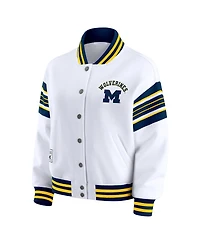 Wear by Erin Andrews Women's White/Navy Michigan Wolverines Satin Stitch Full-Snap Fleece Sweatshirt Jacket