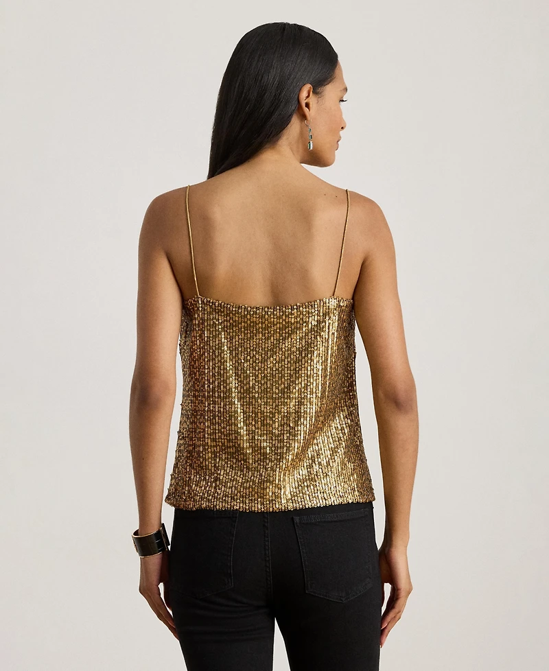 Lauren Ralph Women's Hatita Sequined Mesh Spaghetti Strap Camisole Top