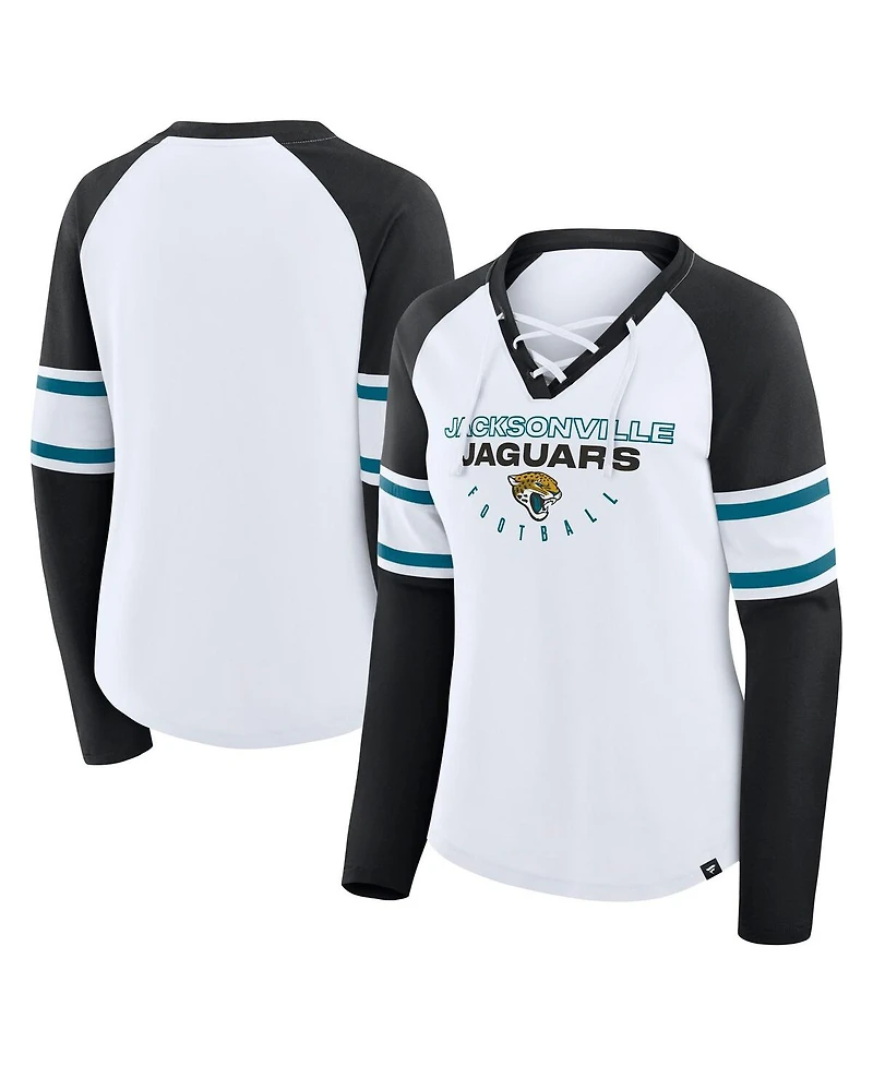 Fanatics Women's White/Black Jacksonville Jaguars Redzone Blitz Package Raglan Lace-Up V-Neck Long Sleeve T-Shirt