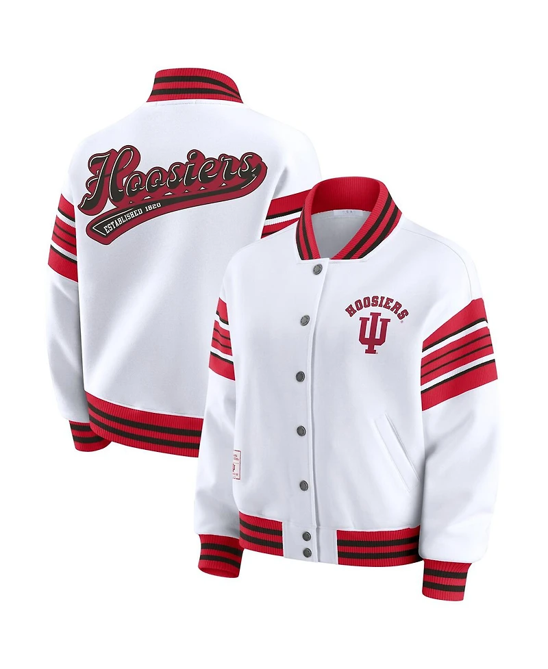 Wear by Erin Andrews Women's White/Crimson Indiana Hoosiers Satin Stitch Full-Snap Fleece Sweatshirt Jacket