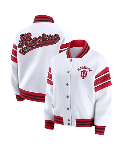 Wear by Erin Andrews Women's White/Crimson Indiana Hoosiers Satin Stitch Full-Snap Fleece Sweatshirt Jacket