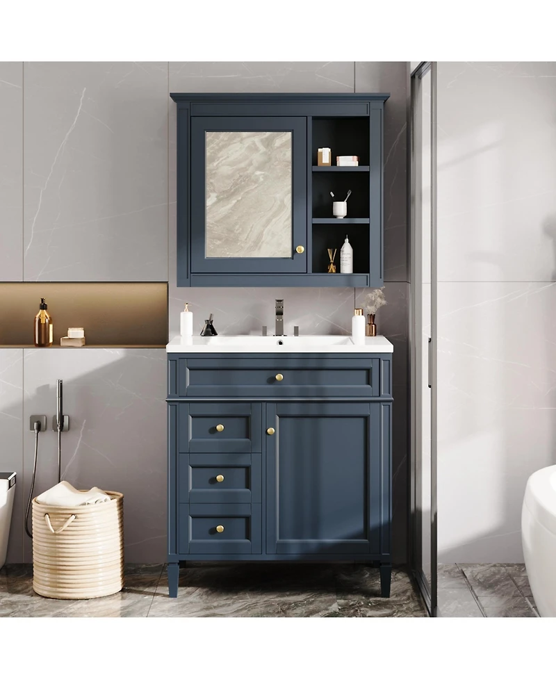 Casainc 30'' Bathroom Vanity with Top Sink, Mirror Cabinet, 2 Drawers & Tip-out Drawer