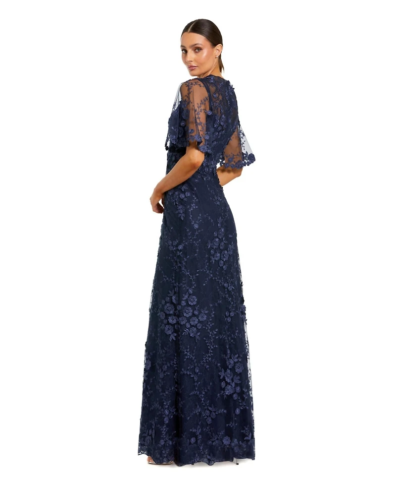 Mac Duggal Women's Flutter Sleeve Floral Embroidered Net Gown