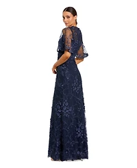 Mac Duggal Women's Flutter Sleeve Floral Embroidered Net Gown