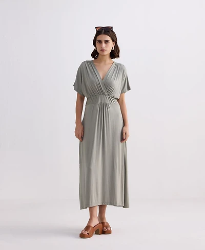 Reistor Women's FLowy A-Line Maxi Dress with Side Slits Light Olive