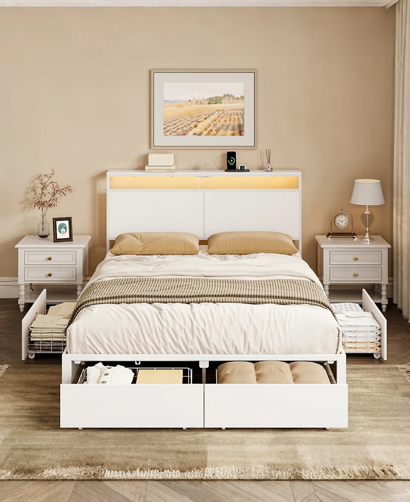 Hausource King Size Bed Frame with Led Storage Headboard & 4 Drawers & Charging Station