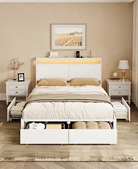 Hausource King Size Bed Frame with Led Storage Headboard & 4 Drawers & Charging Station