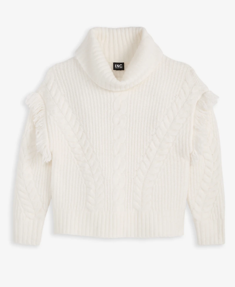 I.n.c. International Concepts Petite Fringe-Trim Cable Knit Turtleneck Sweater, Macy's Exclusive