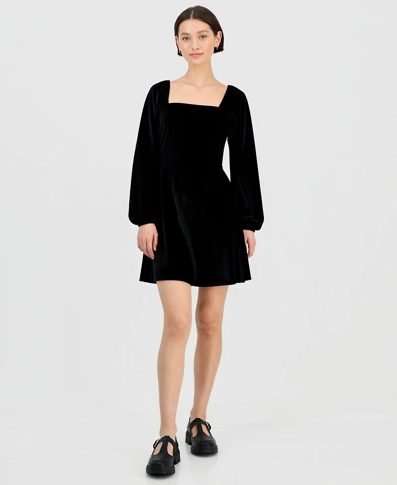 Sincerely Jules Juniors' Long-Sleeve Velour Square-Neck Mini Dress