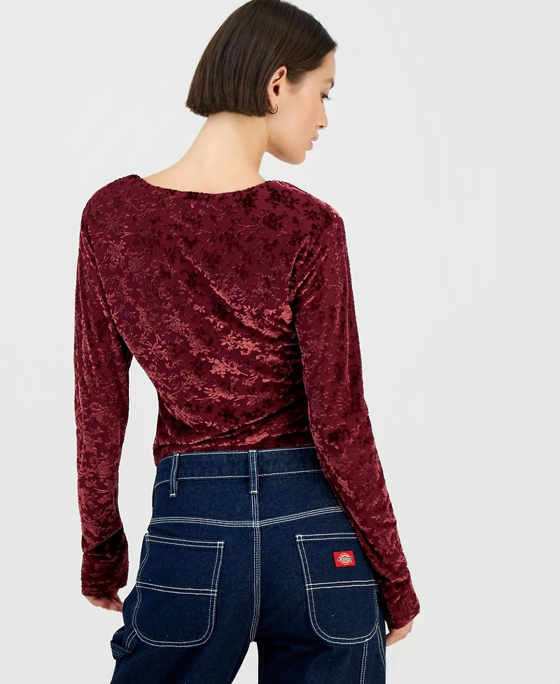 Sincerely Jules Juniors' Flocked Long-Sleeve Square-Neck Top