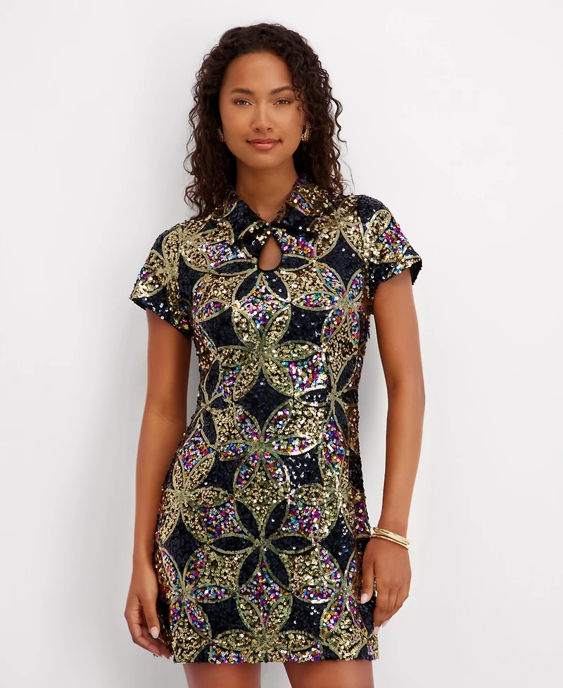 kensie Women's Sequin Short Sleeve Shirt Dress