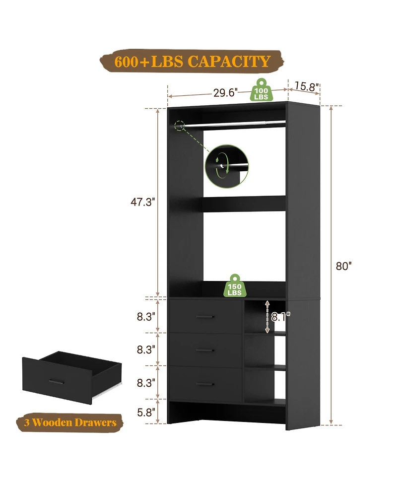 30" Freestanding Closet Organizer with Hanging Rods and Drawers, System Storage Shelves