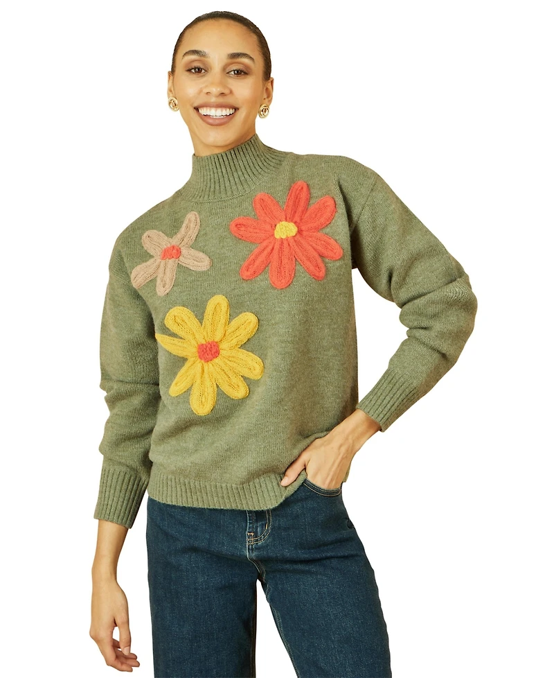 Yumi Women's Floral Detail High Neck Knit Sweater