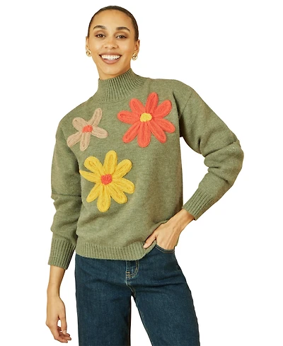 Yumi Women's Floral Detail High Neck Knit Sweater