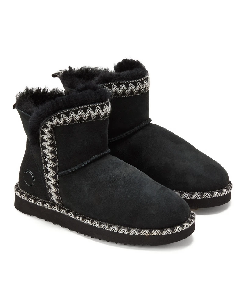Fireside by Dearfoams Women's Perth Genuine Shearling Fold Down Bootie with Embroidery