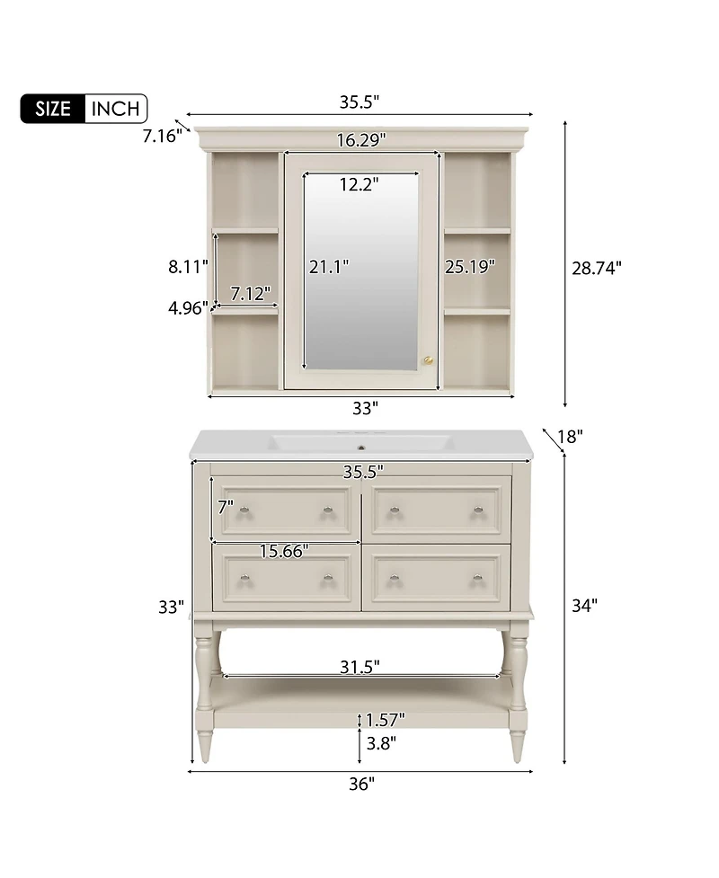 Casainc 36-Inch Bathroom Vanity with Mirror Cabinet, Adjustable Shelves, 4 Drawers & Solid Wood Storage Cabinet
