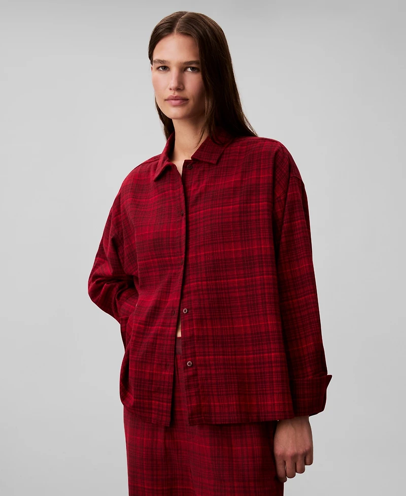 Calvin Klein Women's Plaid Collar Neck Long Sleeve Sleep Shirt