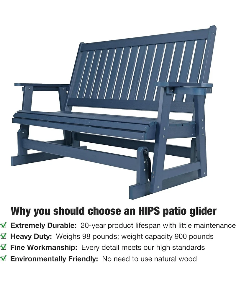 Hips Patio Glider with Cup Holders, Durable Poly Lumber Material, High Backrest and Deep Contoured Seat, Heavy Duty 900 Lb, for Outdoor, Porch, Patio