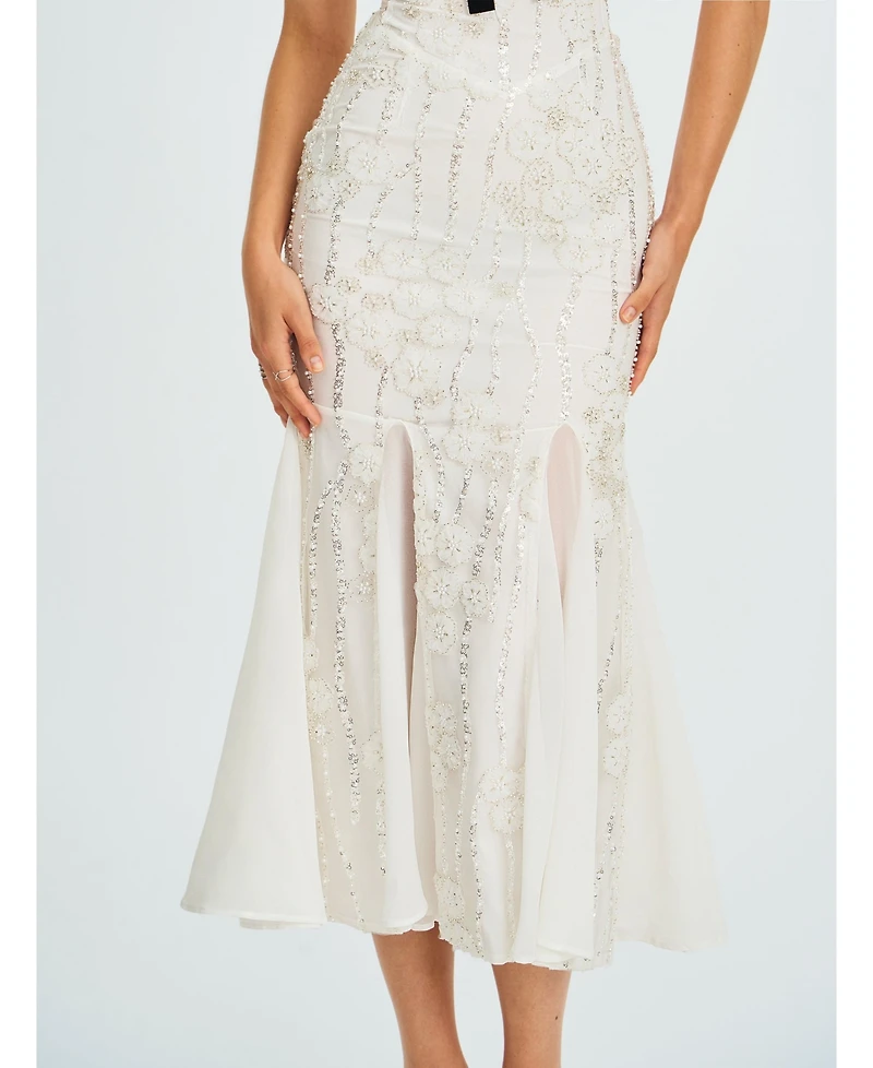 Miss Circle Women Paola White Peter Pan Collar Beaded Sequin Mermaid Midi Dress