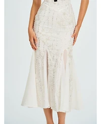 Miss Circle Women Paola White Peter Pan Collar Beaded Sequin Mermaid Midi Dress
