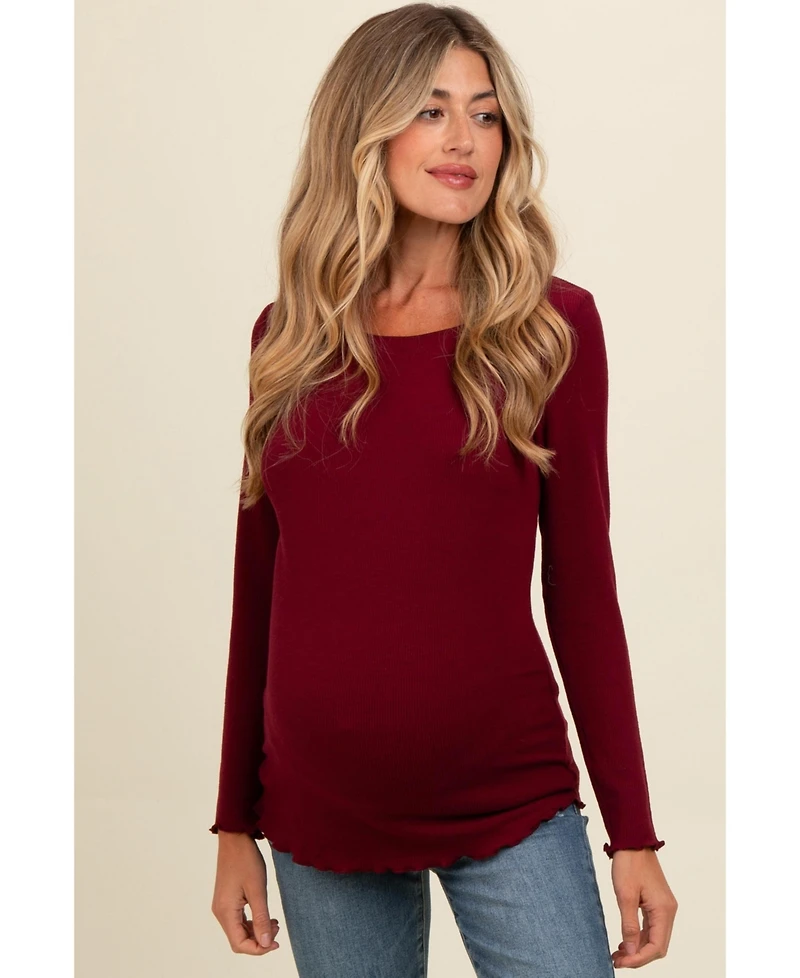 Pinkblush Maternity Brown Ribbed Knit Long Sleeve Lettuce Hem Top
