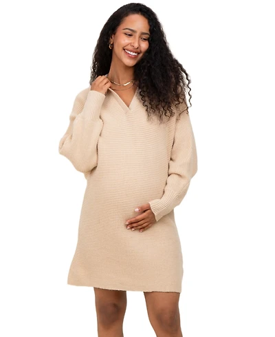 Pinkblush Maternity Taupe Chunky Knit Collared Sweater Dress