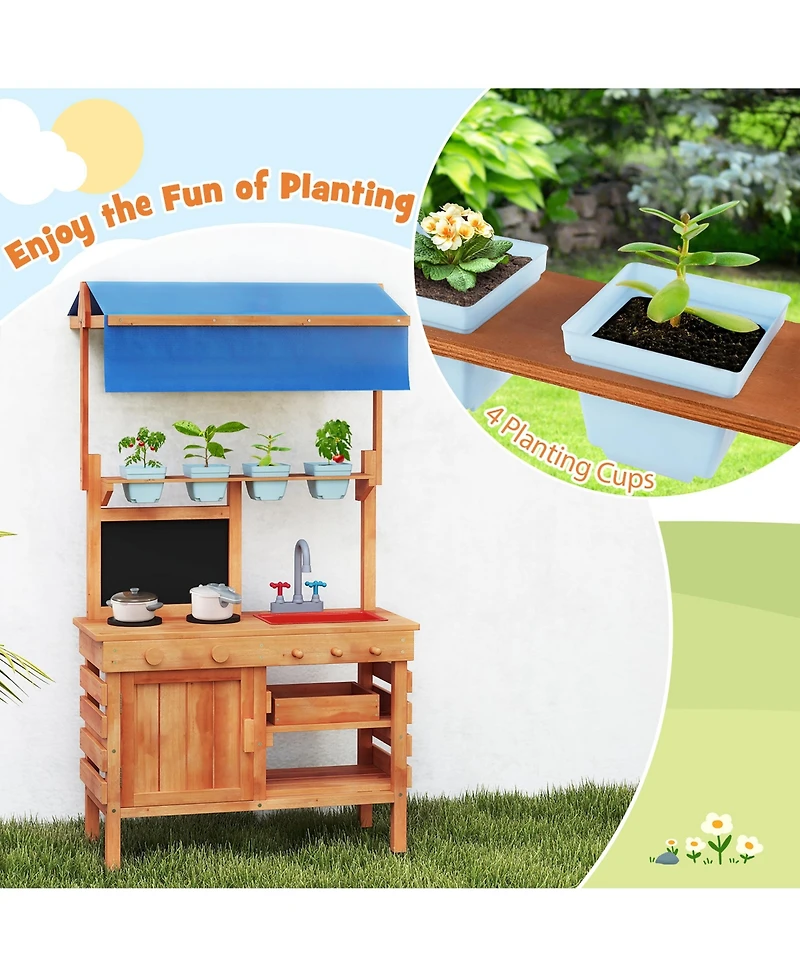 Gymax Mud Kitchen Wooden Pretend Play Kitchen w/ Height Adjustable Canopy
